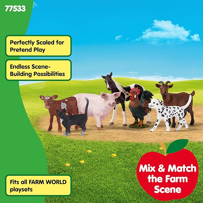 Schleich Farm World - 7 PC Farm Animal Playset with Dog, Cat, Pig, Goat, Rooster, Baby Horse and Cow Toys - Realistic Barnyard Figurines - Fun Educational Figures For Kids and Toddlers Ages 3+ | 77533