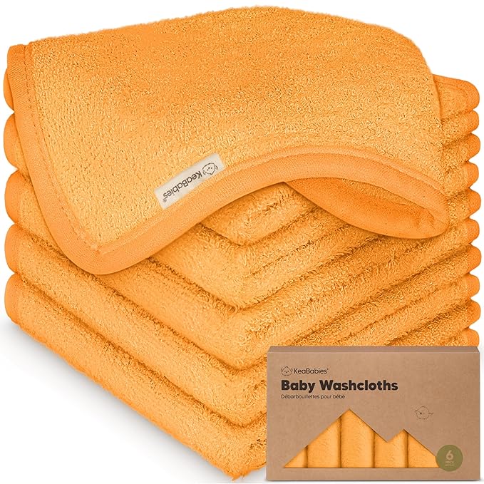 6-Pack Baby Washcloths - Soft Absorbent Viscose from Bamboo Wash Cloths for Babies, Kids, Toddlers, Infant, Newborn Bath Towels, Gentle on Sensitive Skin, 10x10 Reusable Face Towels (Carrot)