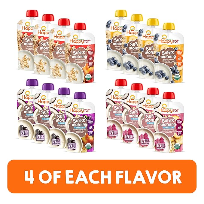 HAPPYTOT Organics Stage 4 Baby Food Pouches, Gluten Free, Super Morning Fruit & Oat Variety Pack Blend 4 Oz (Pack of 16), Amazon Exclusive