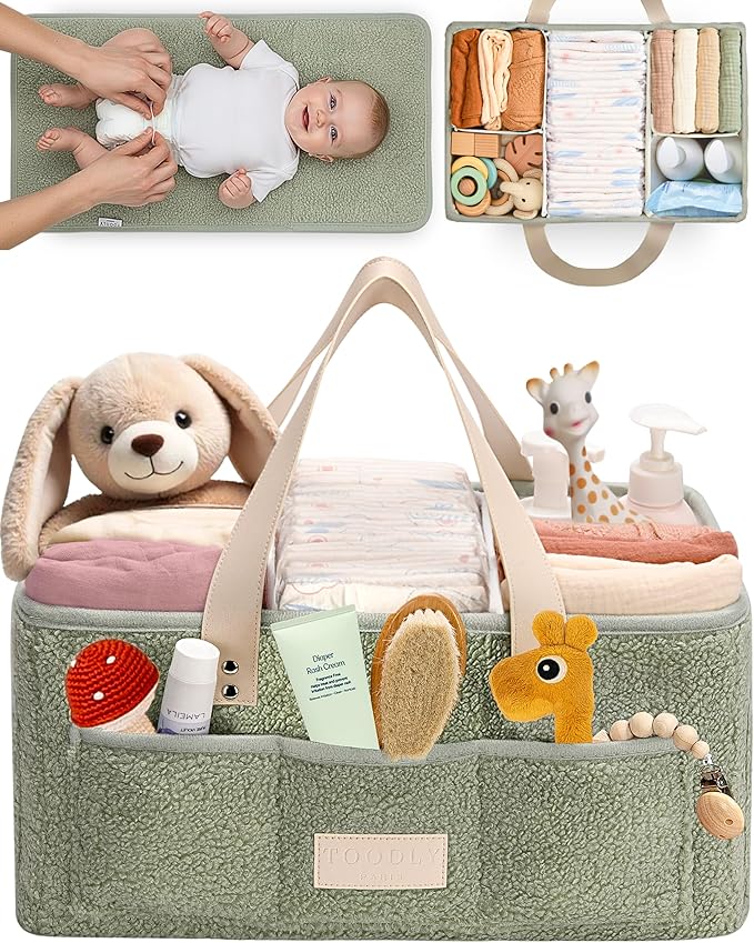 Baby Diaper Caddy Organizer with Portable Changing Mat - Teddy Fleece Diaper Organizer for Changing Table - Basket for Changing Essentials - Baby Essentials Organizer with Removable Dividers