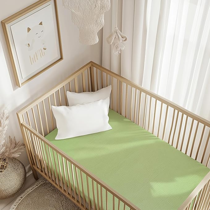 Muslin Fitted Crib Sheet for Standard Crib Mattress, 52” X 28”, 2 Pack 100% Cotton Soft Breathable Baby Crib Sheet for Boys, Girls (Beige/Green)