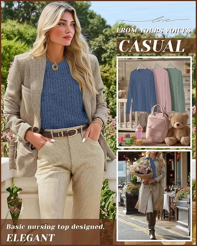 3 Pack Women's Nursing Long Sleeve Tops Breastfeeding Thermal Sweaters with Hidden Zipper Maternity Ribbed Shirts