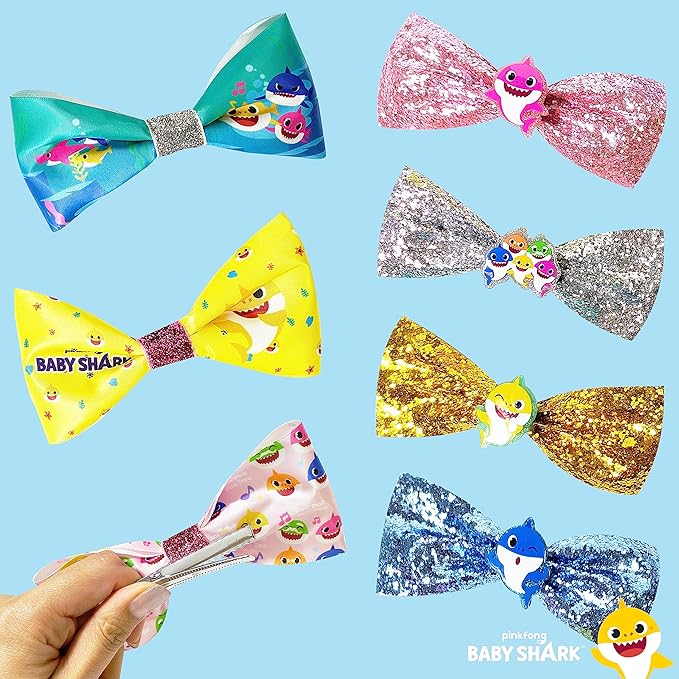 Baby Shark Kids Hair Bows - Hair Accessories Gift Set - 7 Pcs 4 Inch Bundle - Hair Bows for Girls - Different character on each clip - Alligator Clip - Ages 3 +