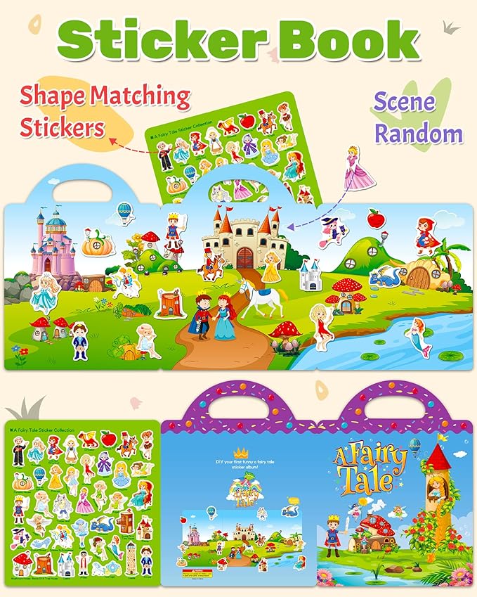 Benresive Reusable Sticker Book for Toddlers 2-4 Years, Fun Travel Stickers for Kids, Waterproof Sticker Books for Toddlers 1-3, Crafts Activities for Todddlers 1-3 2-4 3-5 - Fairy