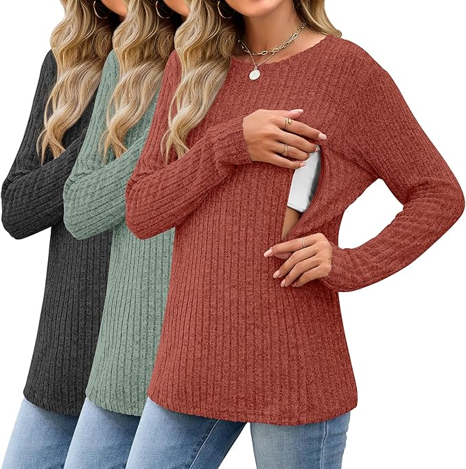 3 Pack Women's Nursing Long Sleeve Tops Breastfeeding Thermal Sweaters with Hidden Zipper Maternity Ribbed Shirts