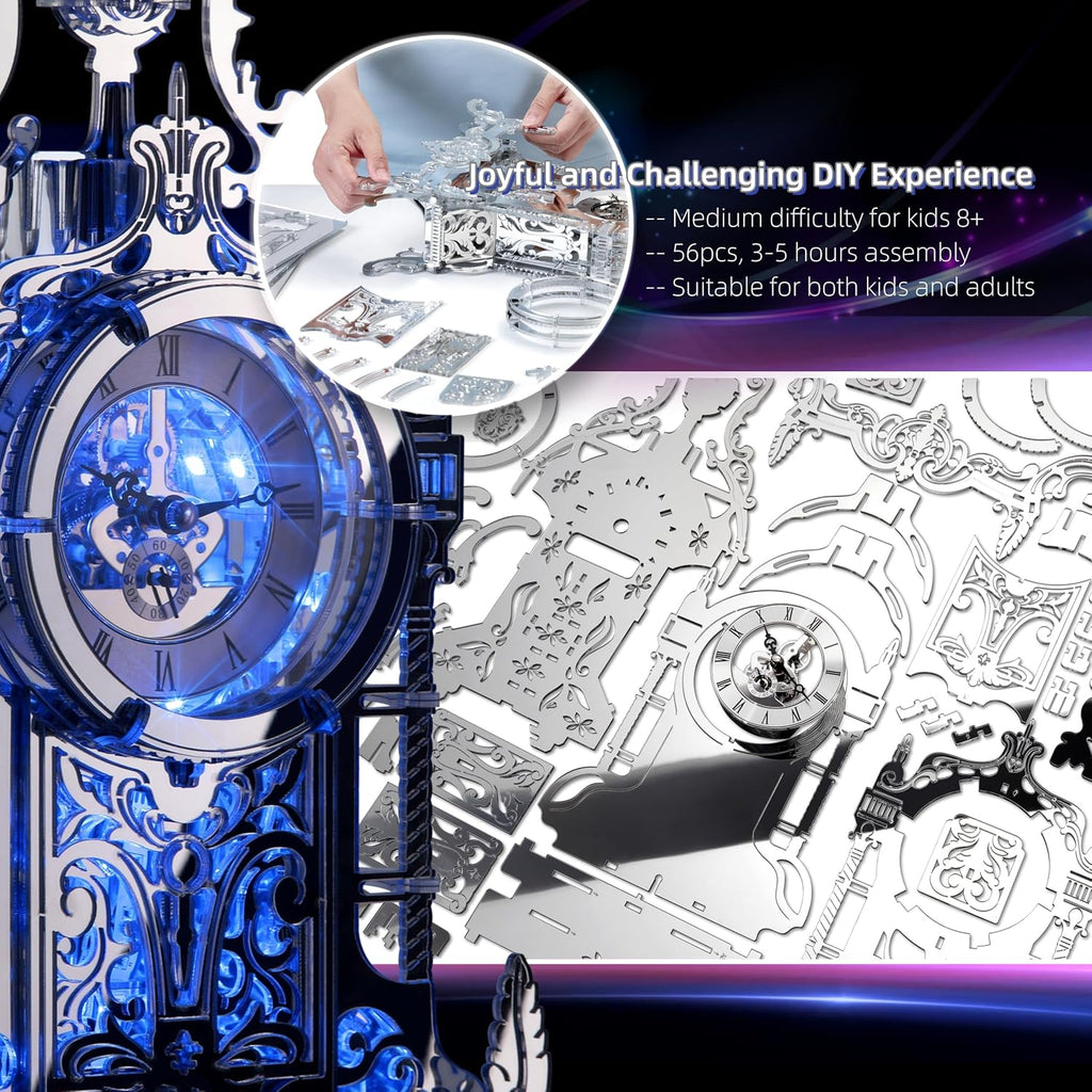 LED 3D Puzzle Tower Clock for Adults - Elegant Home Décor Building Model with Color-Changing LEDs - Ideal Acrylic Puzzle Gifts for Teens and Adults