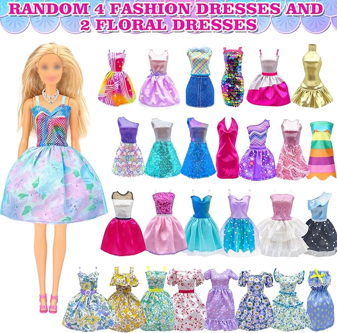 100 Pcs Doll Clothes & Accessories, 4 Wedding Gowns 2 Evening Dresses 6 Fashion Dresses 1 Jumpsuit 5 Tops 5 Pants 2 Swimsuit, 20 Hangers 10 Shoes 46 Accessories Toys for Girl Birthday Gift