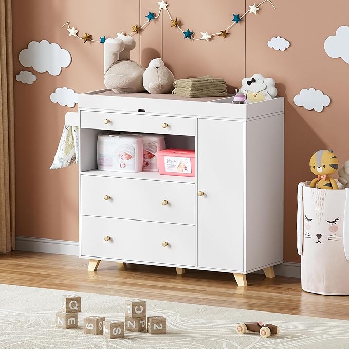 PAKASEPT Nursery Dresser with Baby Changing Table, Modern Diaper Changing Station, Dresser for Nursery with 2 Drawers & Shelves, Storage Crib with Changing Table, White