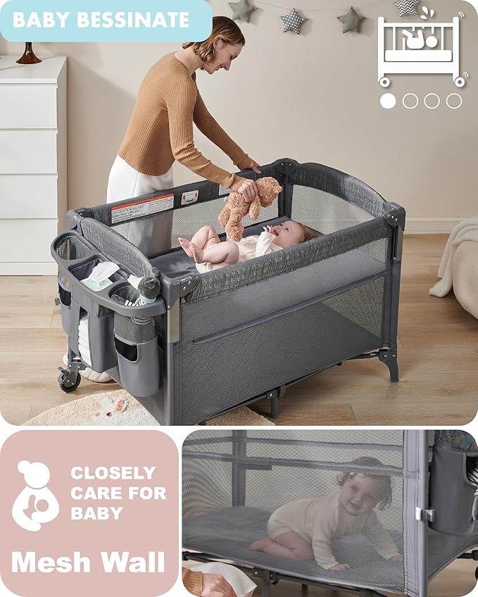 AirClub 4 in 1 Baby Bassinet Bedside Sleeper, 4 Functions Crib, Playard, Portable Changing Table, Bassinet for Newborn Baby, Bedsaide Bed w/Wheels&Brakes