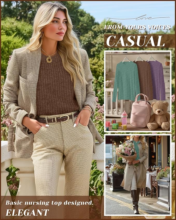 3 Pack Women's Nursing Long Sleeve Tops Breastfeeding Thermal Sweaters with Hidden Zipper Maternity Ribbed Shirts