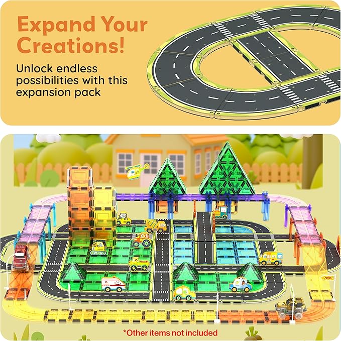 PicassoTiles Magnetic Building Tiles Car Track Magnet Vehicle Adventure Theme Printed Street Road Runway Speedway Highway Block Construction Expansion Add-on Education Learning Toys for Kids 3+ PTE16