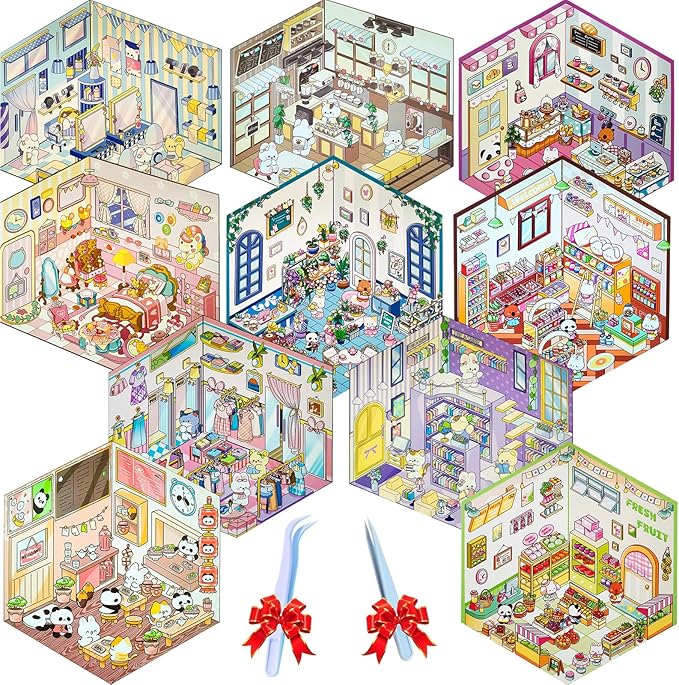 DIY 3D Sticker Scene，10 Sets Pack（600+） Large-Sized, Reusable Sticker Book, Cute Sets for Free Combination, Waterproof for Anywhere, Crafts Party Favors Birthday Gift