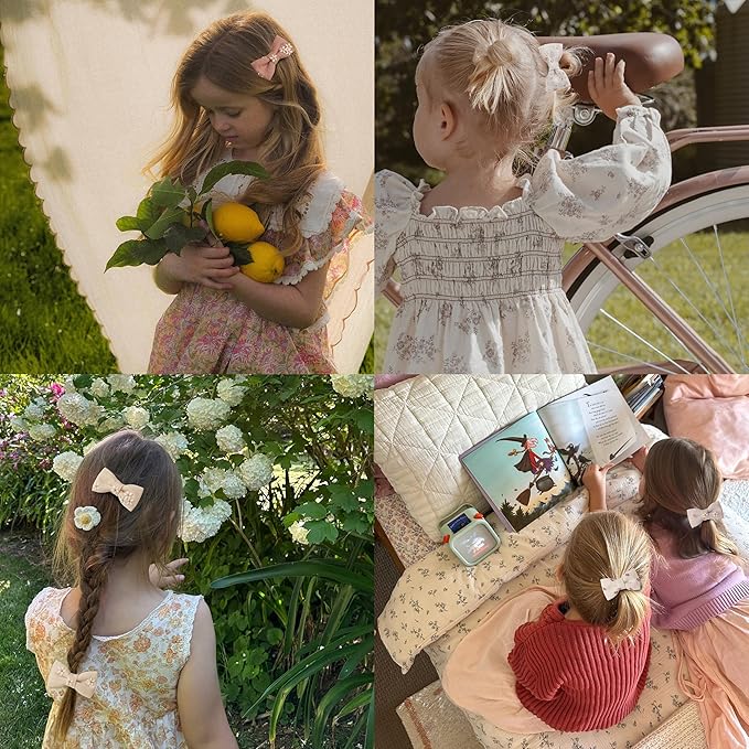 Fancy Clouds Baby Toddler Little Girls Hair Ties with 2" Linen Bows, 20 pcs No Damage Elastic Nylon Ponytail Holders Scrunchies for girls, Small Hair Accessories for Kids Thick or Thin Hair