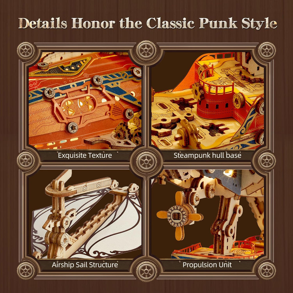 LED 3D Wood Puzzle Fantasy Airship Model - Steampunk DIY Craft Kit with LED Lights – Intricate Wooden Airship Model Building Set for Teens and Adults(Orange)