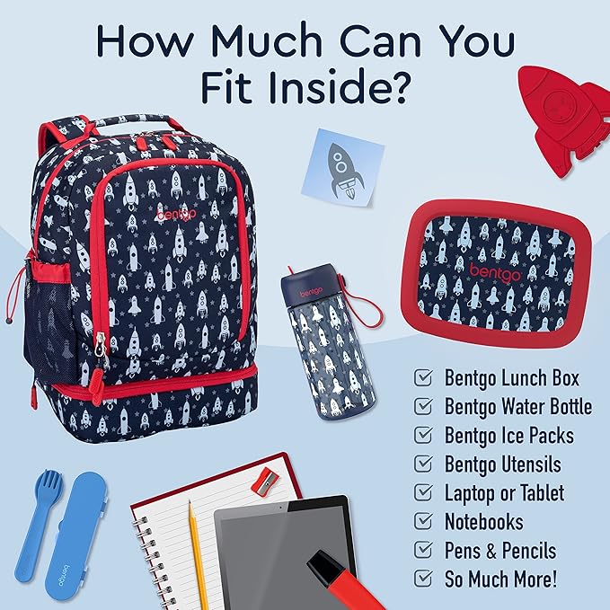 Bentgo Kids 2-in-1 Backpack & Insulated Lunch Bag - Durable 16” Backpack & Lunch Container in Unique Prints for School & Travel - Water Resistant, Padded & Large Compartments (Rocket)