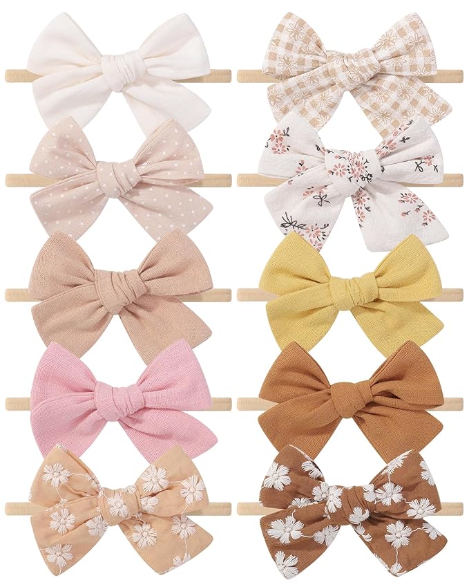 doboi 10PCS Baby Girls Headbands Hair Bows Nylon Linen Hairbands Handmade Hair Accessories for Newborn Infant Toddlers Little Girl and Kids 3.5Inches