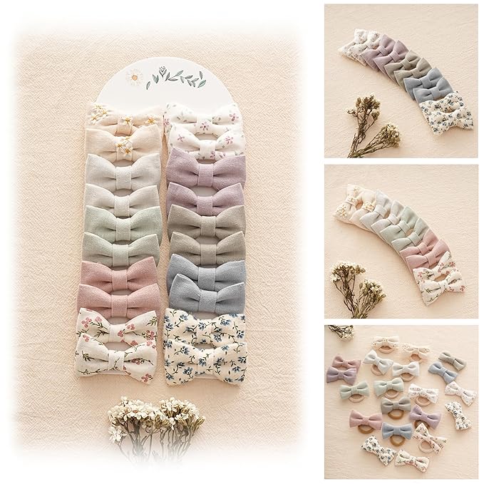 Baby Toddler Little Girls Hair Ties with 2" Linen Bows, 20 pcs No Damage Elastic Nylon Ponytail Holders Scrunchies for girls, Small Hair Accessories for Kids Thick or Thin Hair