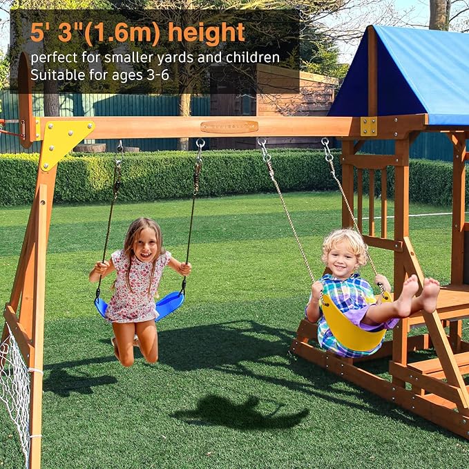 6-in-1 Wooden Playground Playsets for Backyards, Outdoor Swing Sets for Kids Ages 3-6, Little Playground Set with Picnic Table, Drawing Board, Sandbox, Swings, Basketball Hoop & Soccer Net
