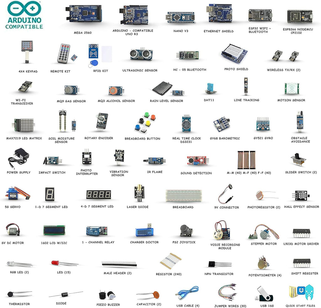 GAR Monster Starter Kit for Arduino Uno Mega Nano, Complete Advanced Set, ESP32, ESP8266, 25 Sensor Modules, Bluetooth WiFi Ethernet for STEM Robotics Projects