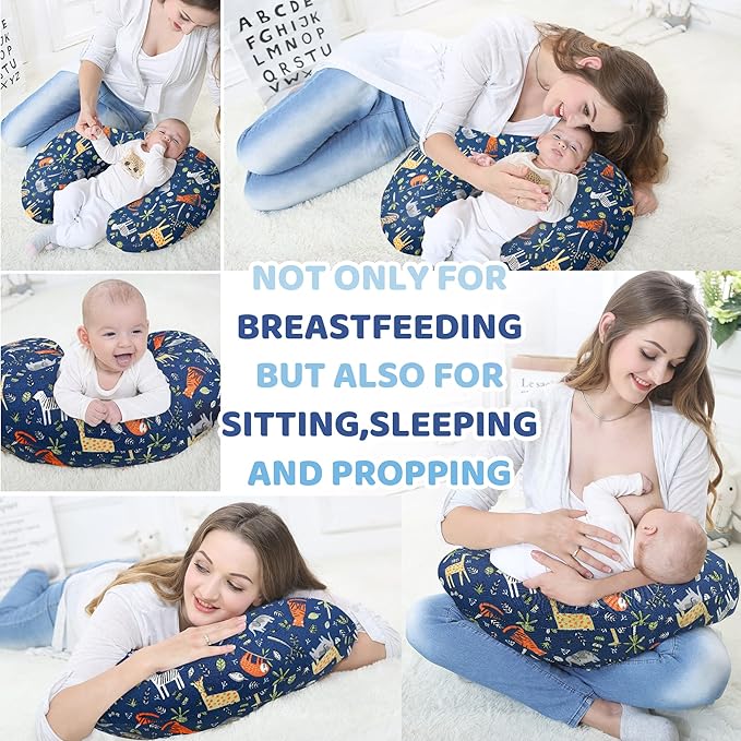 LAT Nursing Pillow for Breastfeeding,100% Cotton Removable Cover,Ergonomic Breast Feeding Pillows for Mom and Baby,Machine Washable(Blue Zoo)