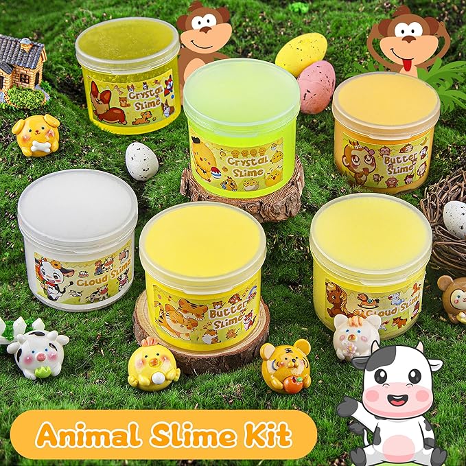 LAWOHO 6 Packs Gradient Yellow Slime Kit - Clear, Butter, Cloud Slimes, Fluffy Slimes for Kids with Charms & Animal Add-ins, Party Favors for Girls & Boys, 360ml Non Stick Slime Making Kit for Kids