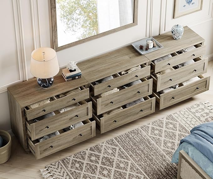 WAMPAT Dresser for Bedroom with 9 Drawers, Kids Dressers with Wide Chest of Drawers, Modern Wooden Closet Storage Organizer, Large Wood Dressers for Living Room, Nursery, Hallway, Rustic Oak