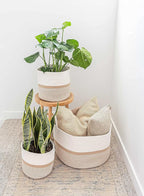 OrganiHaus Boho Woven Basket for Blankets and Laundry, Decorative Large Storage Bin for Living Room, Nursery Basket for Toys & Clothes, Soft Cotton Rope with Handles 20x13 inches - Striped Honey