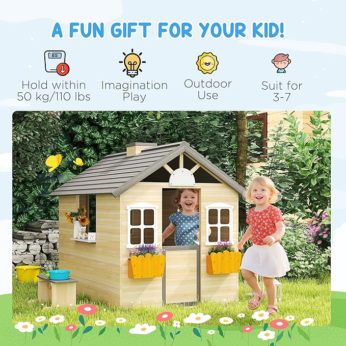 Outsunny Wooden Playhouse for Kids Outdoor Garden Pretend Play Games, Adventures Cottage, with Working Door, Windows, Bench, Service Station, Flowers Pot Holder, for 3-7 Years Old