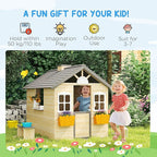 Outsunny Wooden Playhouse for Kids Outdoor Garden Pretend Play Games, Adventures Cottage, with Working Door, Windows, Bench, Service Station, Flowers Pot Holder, for 3-7 Years Old