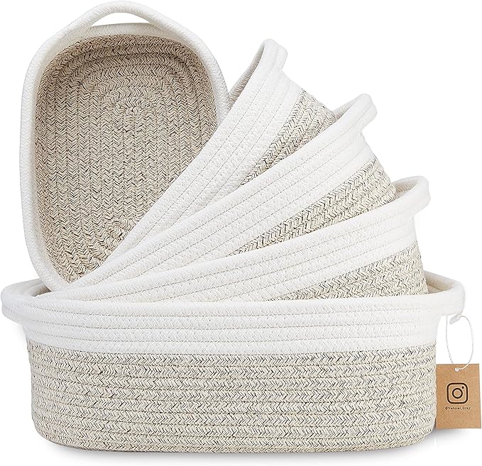 NaturalCozy 5-Piece Rectangle Storage Basket Set- Natural Cotton Rope Woven Baskets for Organizing! Small Basket for Montessori, Baby Nursery, Dog Toy Baskets, Cat Toy Box, Bathroom Organization Bin