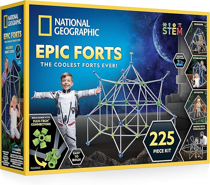 National Geographic Indoor Fort Building Kit - 225 Pieces for Creative Play, STEM Building Toys for Kids Ages 6-12, Blanket Fort (Amazon Exclusive)