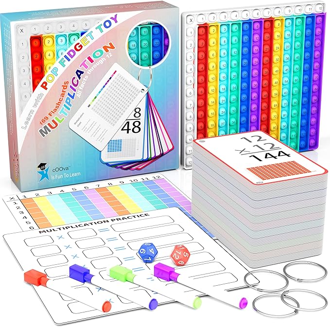 COOVA Multiplication Flash Cards + Multiplication Chart - Math Manipulatives Fact Cards - Mutiplication Game Flashcards - Times Table Multiplication Flash Cards 3rd Grade, 4th, 5th, 6th Grade