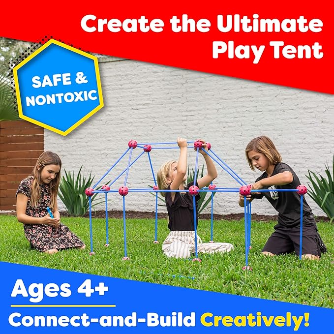 Power Your Fun Fun Forts Kids Tent - 81 Pack Fort Building STEM Toys Kit, Construction Toys Play Tent Indoor and Outdoor Playhouse for Kids with 53 Rods and 28 Spheres (Red, Blue)