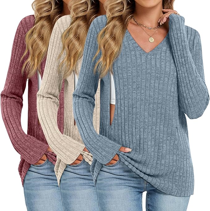 3 Pack Women's Maternity Nursing Tops, V Neck Breastfeeding Sweaters Long Sleeve Hidden Zipper Shirts