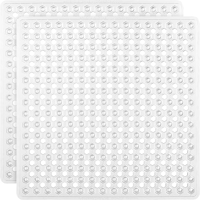 GORILLA GRIP Patented Square Shower Stall Mat, Small Bathtub Floor Mats for Stand Up Showers, Suction Cups and Drainage Holes, Machine Wash, Soft on Feet, Bathroom Accessories 21x21 Inch, 2 Pack Clear