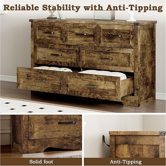 7-Drawer Dresser for Bedroom, Modern Wooden Chest of Drawers with Metal Handles, Anti-Tipping Design, Sturdy and Stable Storage Organizer for Living Room, Entryway, Home Office