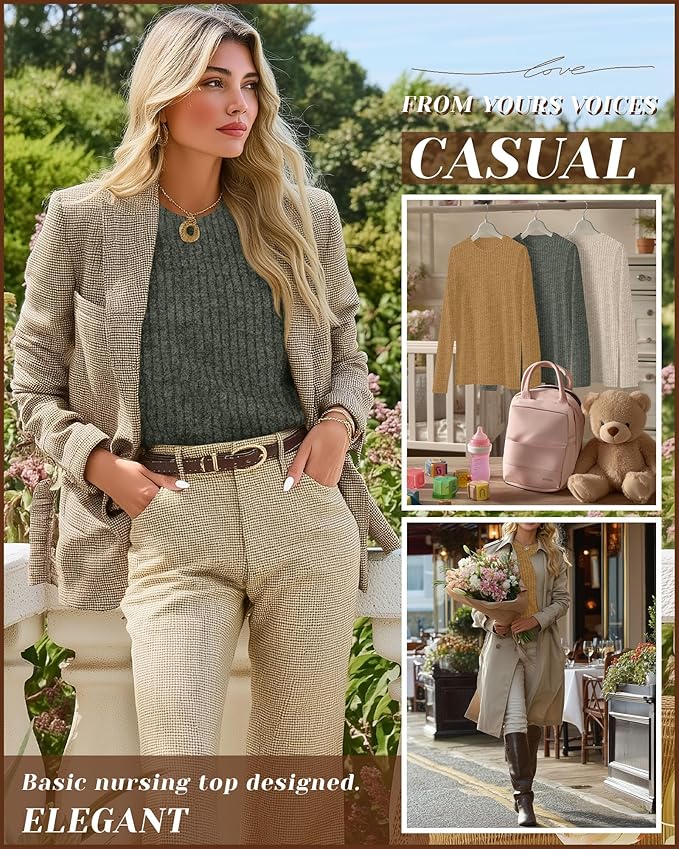 3 Pack Women's Nursing Long Sleeve Tops Breastfeeding Thermal Sweaters with Hidden Zipper Maternity Ribbed Shirts