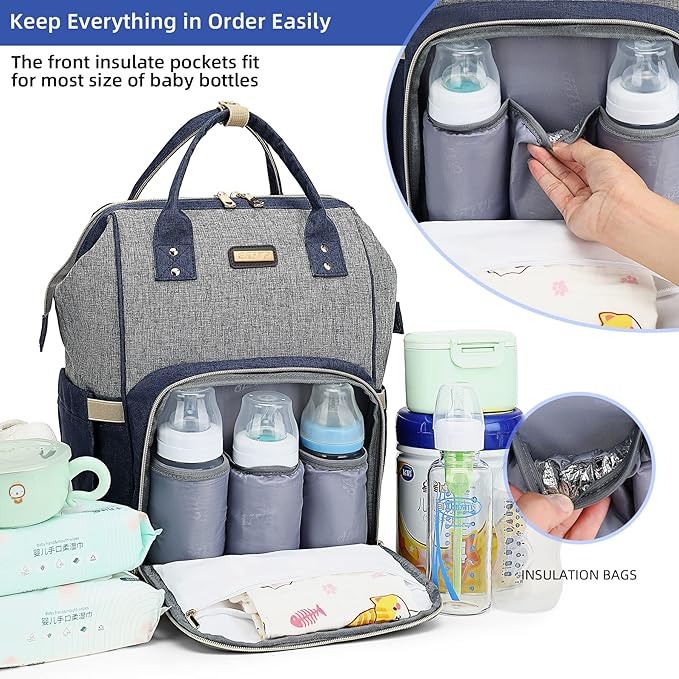 Diaper Bag Backpack, Diaper Bags for Baby Girls Boys, Baby Bags for Moms Dads, Nappy Changing Bag with Insulated Pockets,Multi-functional Waterproof Backpack with Stroller straps- Light Grey Blue