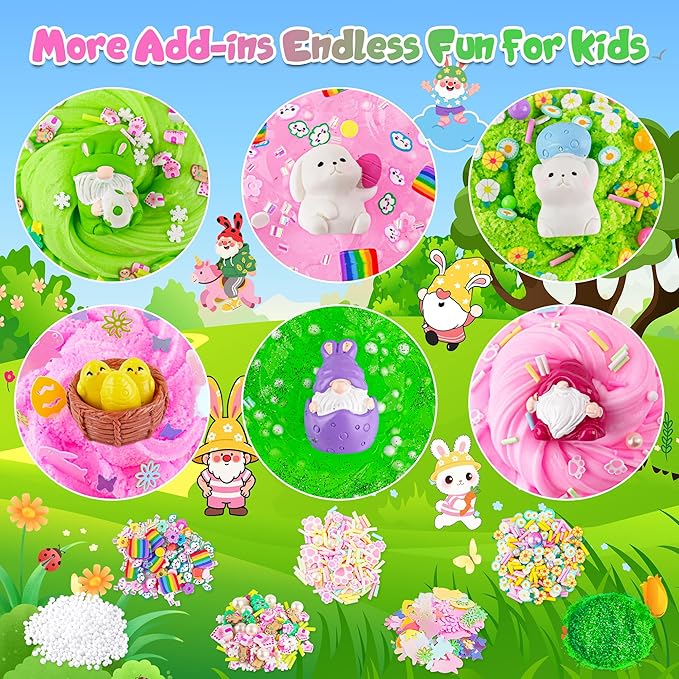 LAWOHO 6 Packs Bunny Pink Slime Kit -Cloud Clear Butter Slimes with Easter Charms & Add-ins, Soft Fluffy Slimes Kits for Girls & Boys, 360ml Pink & Green Easter Slime Making Kit Party Favor for Kids
