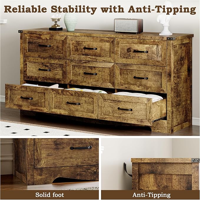 9-Drawer Dresser for Bedroom, Modern Wooden Chest of Drawers with Metal Handles, Anti-Tipping Design, Sturdy and Stable Storage Organizer for Living Room, Entryway, Home Office