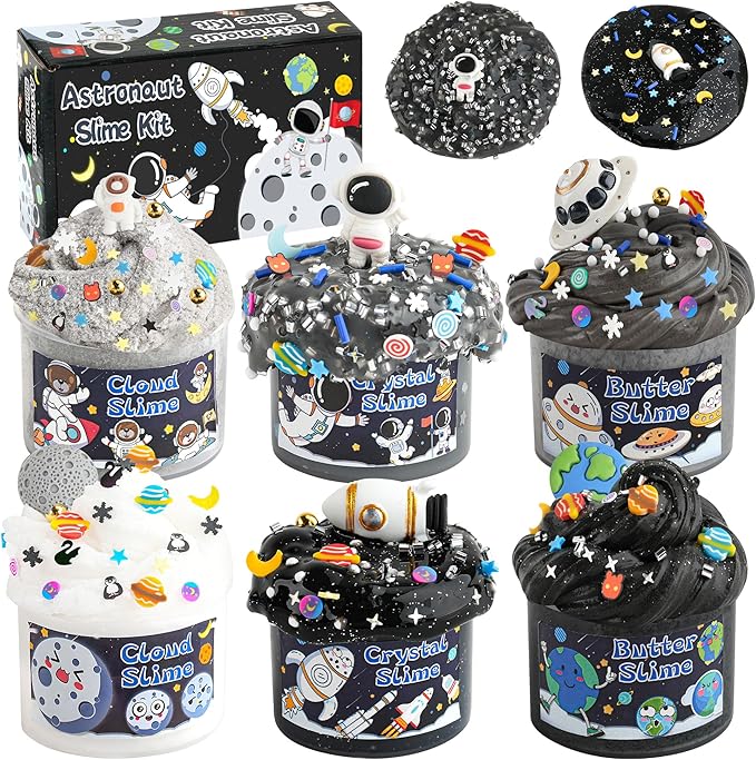 LAWOHO 6 Pack Galaxy Slime Kit for Kids- Cloud, Butter & Clear Slimes with Space Add-ins, 360ml Black Slime for Boys Girls, Kids Slime Kits for Easter Christmas Halloween Birthday, Space Party Favors