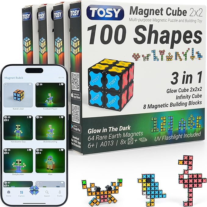 TOSY Magnet Cube 2x2 - 8 Blocks, 2 in 1 Toy: 2x2x2 Puzzle Cube and Customizable Infinity Cube, Glowing, UV Flashlight, Fidget/STEM/STEAM Magnet Tiles Birthday Gift for Kids/Teens/Adults, 4-Pack