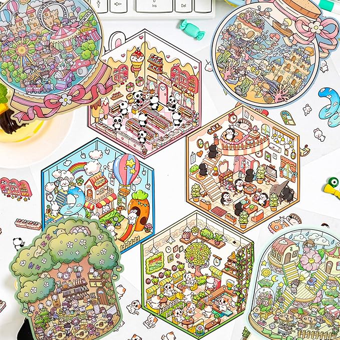 DIY 3D Sticker Scene，8 Sets Pack（500+）, Reusable Sticker Book, Cute Sets for Free Combination, Cute Waterproof for Anywhere, Crafts Party Favors Birthday Gift