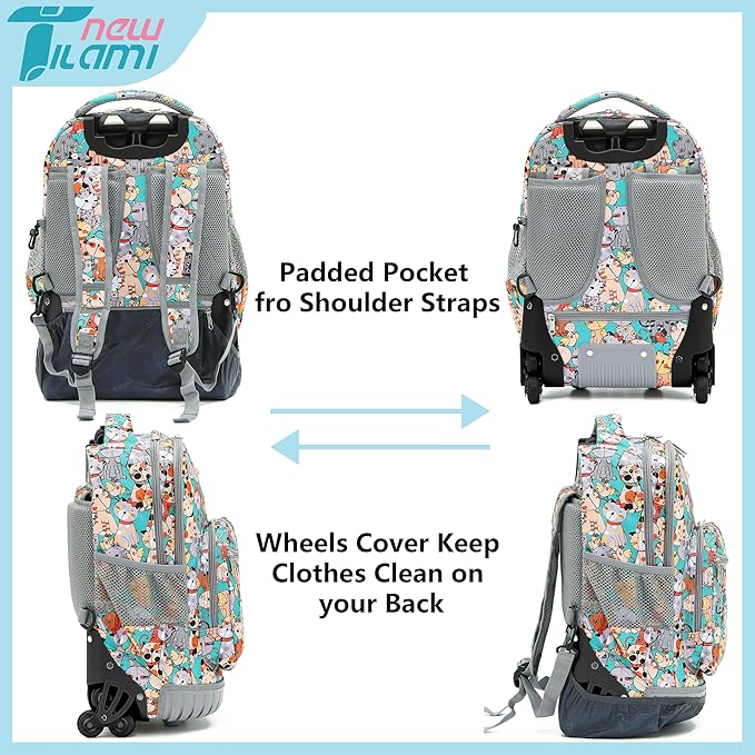 NEW TILAMI Kids 18 inch Rolling Backpack - Durable Waterproof Large Capacity Adjustable Handle Stair Climbing Design for Boys & Girls, Cats Cute