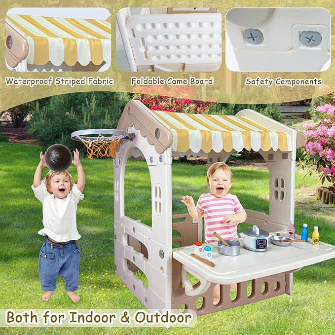 41.3" x 31.4" x 29" Kids Cottage Playhouse, Indoor/Outdoor Toddler Playhouse with Working Doors, Worktop & Basketball Hoop, Durable Plastic Playset for Kids Ages 1+ Years Old