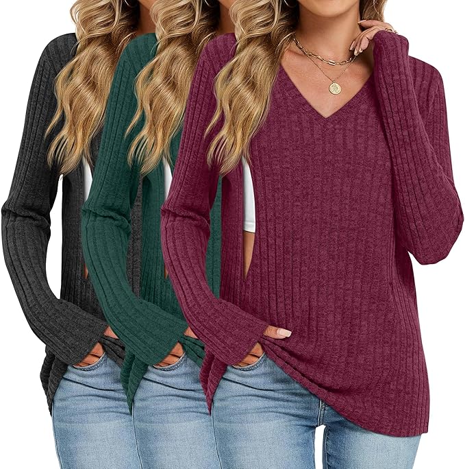3 Pack Women's Maternity Nursing Tops, V Neck Breastfeeding Sweaters Long Sleeve Hidden Zipper Shirts