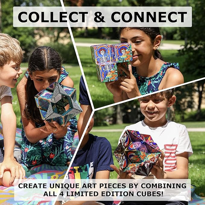 Shashibo Limited Edition Gartel Shape Shifting Box - Award-Winning, Patented Fidget Cube w/ 36 Rare Earth Magnets - Designed by Digital Art Pioneer Laurence Gartel (4 Pack)