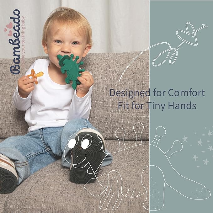 Bambeado Baby Teether Toy and Training Toothbrush: Dibly - The Dino Baby Teething Toys BPA-Free Teethers Inspired by Nature with Natural Rubber Pacifier