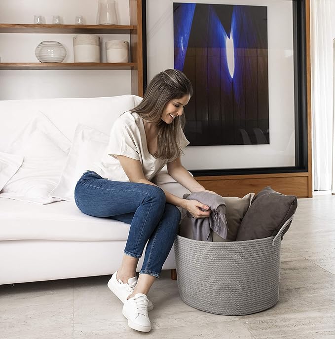 OrganiHaus Woven Laundry Basket, Large Cotton Rope Blanket Holder with Handles, Soft & Sturdy Nursery Hamper, Decorative Toy Bin for Living Room Organization 20x13 inches - Gray