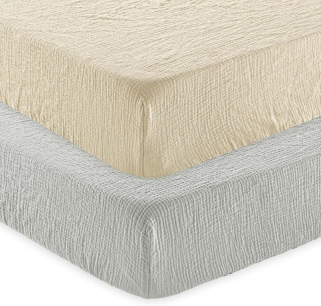 david's kids Muslin Crib Sheets for Boys Girls, 2 Pack 100% Cotton Soft Breathable Fitted Baby Sheet Set, 28x52 Inch Fits Standard Crib and Toddler Mattresses, Oat Milk & Light Gray